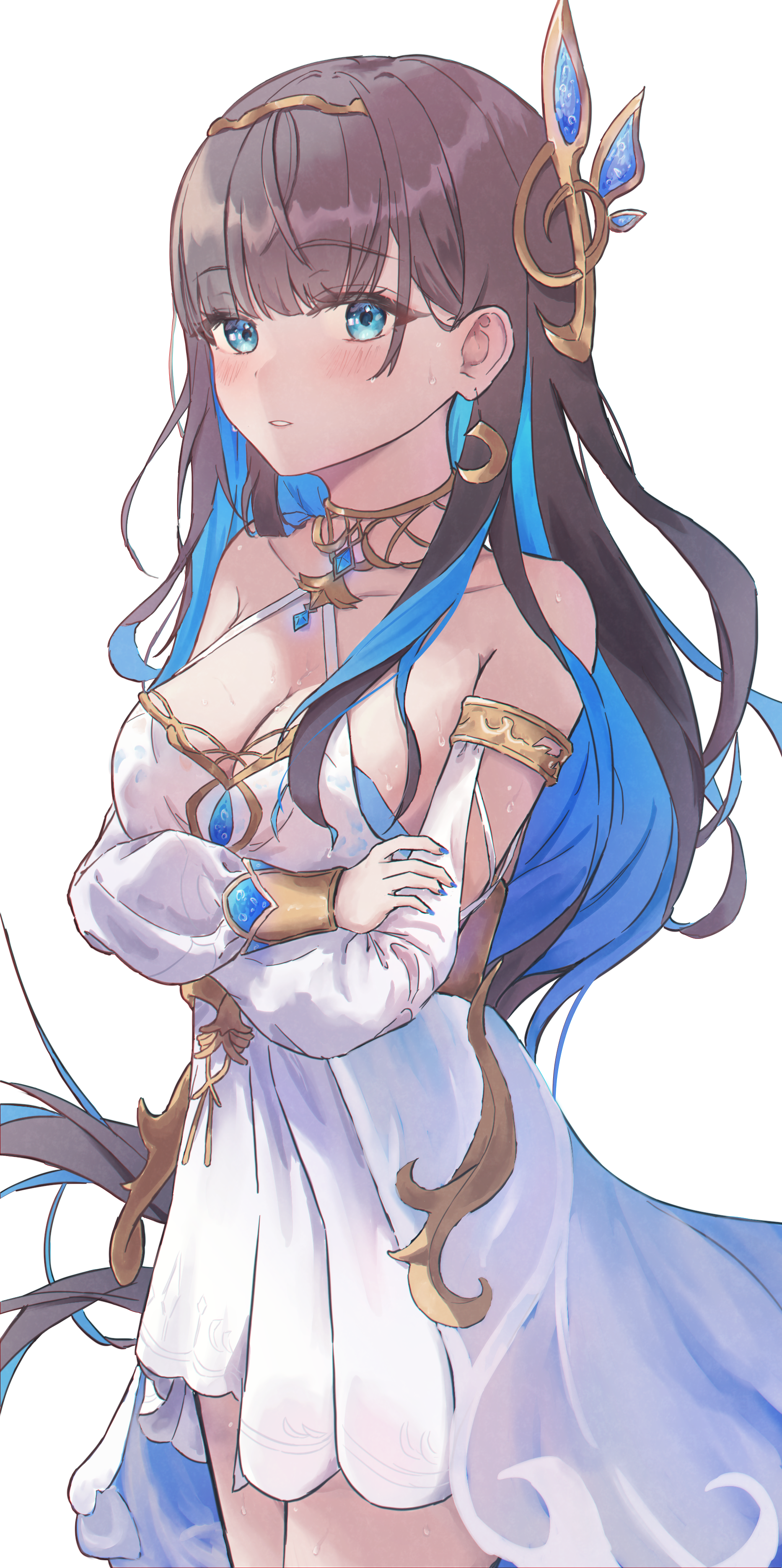 alan (acealan5), selena: tempest (aria of nymph) (pgr), selena (pgr), punishing: gray raven, absurdres, commentary, english commentary, highres, revision, 1girl, armlet, bare shoulders, black hair, blue eyes, blue hair, bracelet, breasts, cleavage, collar, colored inner hair, dress, fortissimo, hair ornament, jewelry, large breasts, long hair, long sleeves, multicolored hair, musical note, musical note hair ornament, open mouth, solo, very long hair, wet, white background, white dress