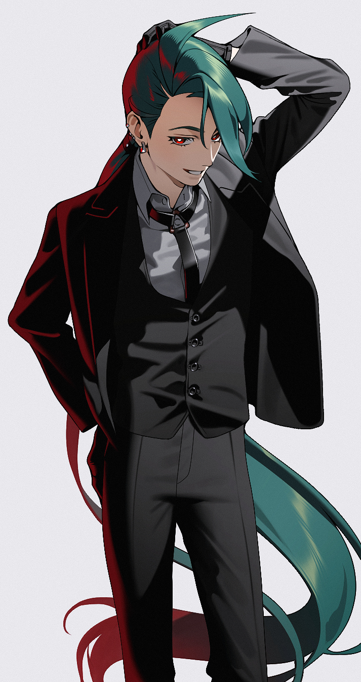 987645321o, rika (pokemon), nintendo, pokemon, pokemon sv, commentary request, highres, korean commentary, 1girl, arm up, black gloves, black jacket, black necktie, bright pupils, buttons, collared shirt, earrings, gloves, green hair, grey shirt, grin, hair between eyes, jacket, jewelry, long hair, necktie, pants, red eyes, shirt, smile, solo, teeth, white background, white pupils