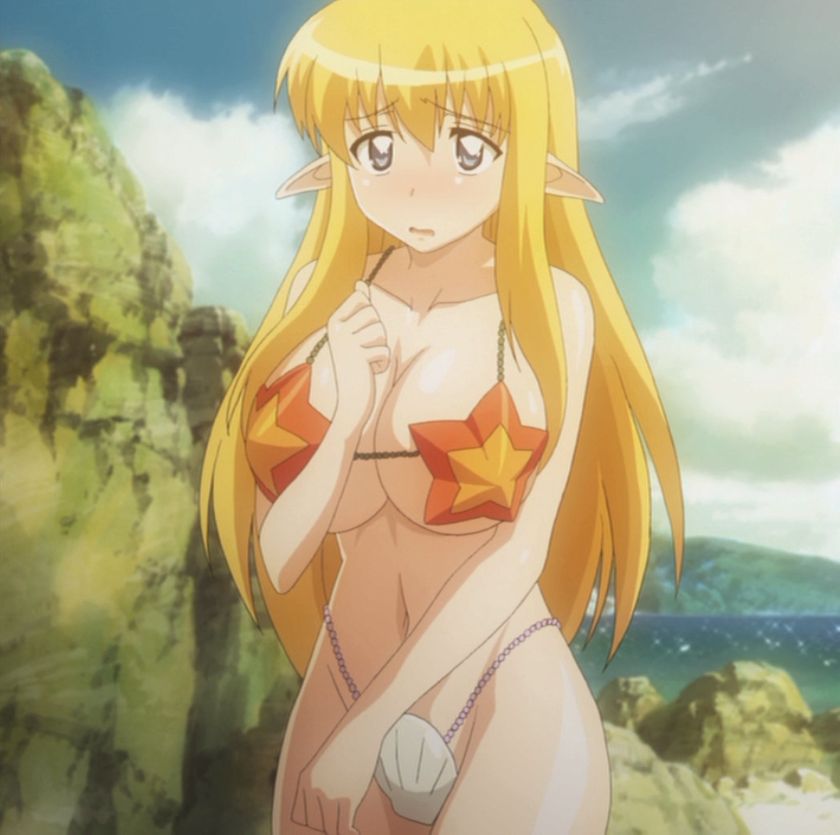 tiffania westwood, zero no tsukaima, anime screenshot, stitched, third-party edit, 00s, 1girl, bikini, blonde hair, blue eyes, breasts, day, elf, female focus, huge breasts, long hair, orange bikini, pointy ears, shell, shell bikini, solo, star-shaped bikini, starfish, starfish bikini, swimsuit