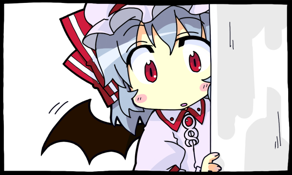 ane, remilia scarlet, touhou, silver hair, 1girl, bat wings, blush, chibi, female focus, hat, mob cap, no nose, peeking out, red eyes, simple background, solo, upper body, white background, wings