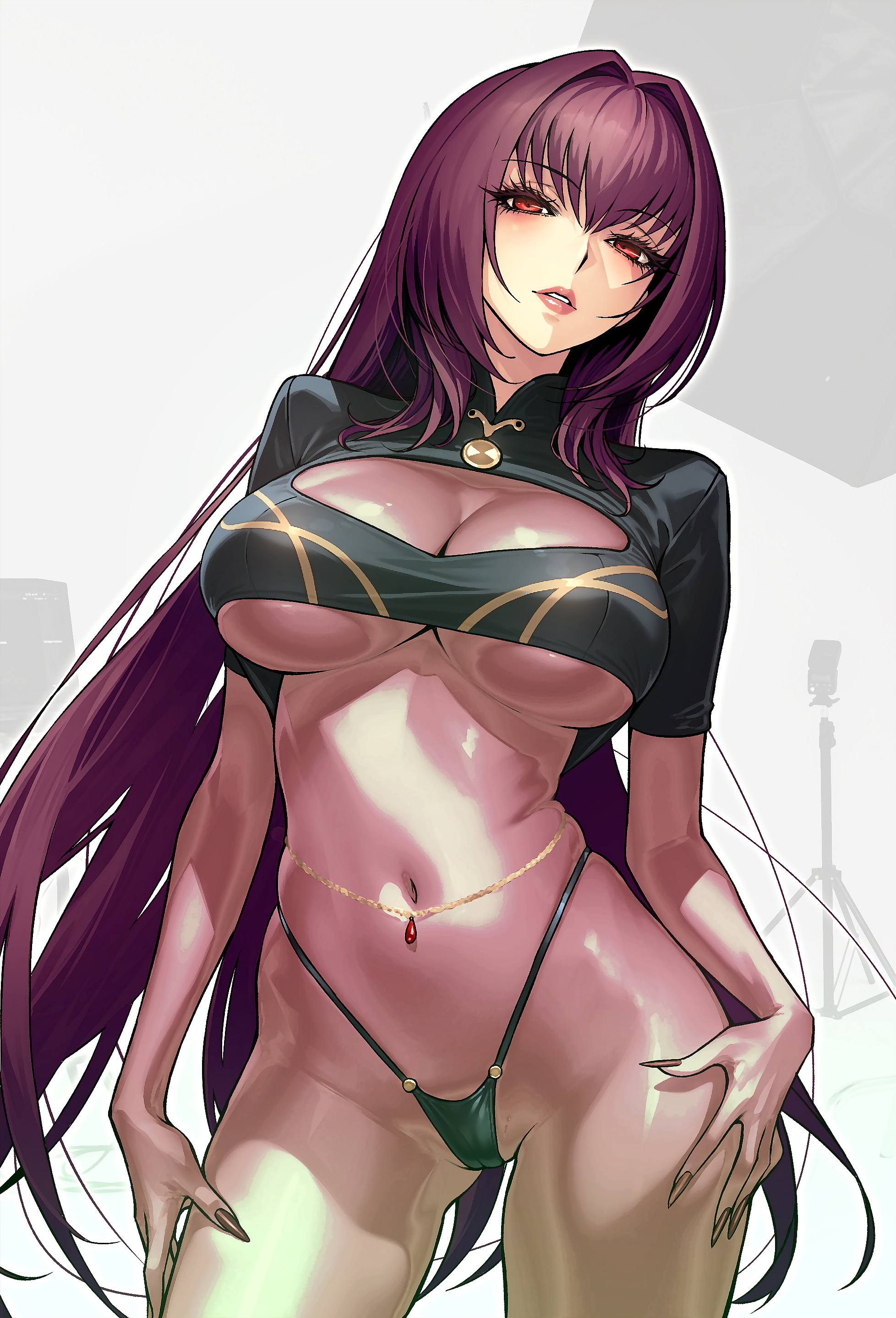 dynamitenatalia, scathach (fate), fate/grand order, fate (series), absurdres, highres, revision, 1girl, belly chain, bikini, black bikini, bodystocking, breasts, cleavage, covered navel, cowboy shot, jewelry, large breasts, lips, long hair, looking at viewer, parted lips, purple hair, red eyes, see-through cleavage, see-through clothes, solo, swimsuit, very long hair, white background