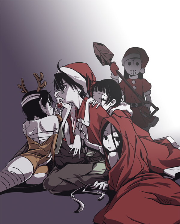 mytyl, itoshiki nozomu, kitsu chiri, kobushi abiru, komori kiri, tsunetsuki matoi, sayonara zetsubou sensei, 00s, 1boy, 4girls, animal costume, antlers, ass, bandages, belt, black eyes, black hair, blood, christmas, glasses, hat, hockey mask, horns, long hair, mask, multiple girls, pale skin, reindeer costume, santa costume, santa hat, short hair, shovel, tail, worktool