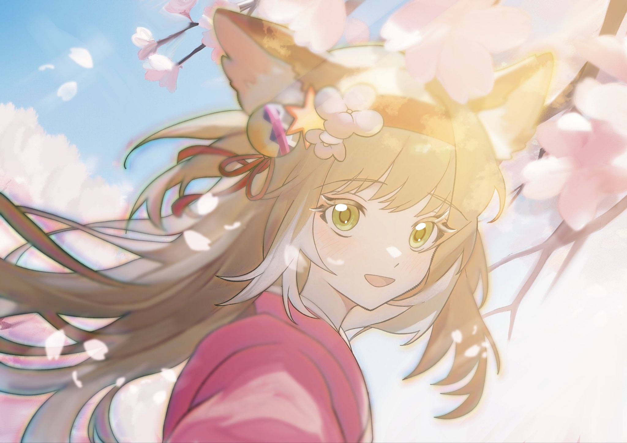 amamori (o0 iwi), suzuran (arknights), suzuran (yukibare) (arknights), arknights, highres, 1girl, animal ears, blonde hair, cherry blossoms, flower, fox ears, green eyes, hair ornament, hairband, japanese clothes, kimono, long hair, looking at viewer, official alternate costume, pink kimono, solo