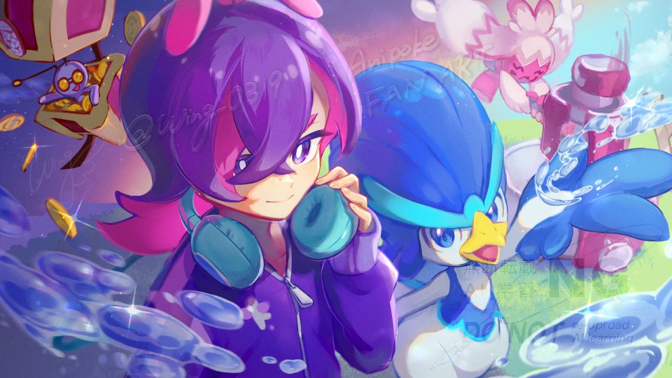 wing (wing 0319), dot (pokemon), gimmighoul, quaxwell, tinkaton, nintendo, pokemon, pokemon (anime), pokemon horizons, commentary request, 1girl, bright pupils, closed mouth, coin, crossed bangs, glint, grass, hand up, headphones, jacket, long hair, long sleeves, pokemon (creature), purple eyes, purple hair, purple jacket, sleeves past wrists, smile, sparkle, twitter username, water, water drop, watermark, white pupils, zipper pull tab