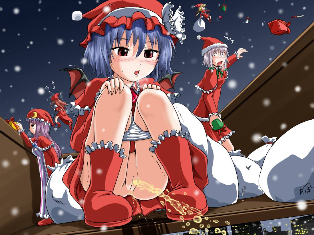 homare (suzu no oka), flandre scarlet, hong meiling, izayoi sakuya, patchouli knowledge, remilia scarlet, embodiment of scarlet devil, touhou, 5girls, blue hair, boots, christmas, female focus, loli, multiple girls, panties, panty pull, pee, peeing, purple hair, pussy, red eyes, siblings, sisters, squatting, underwear