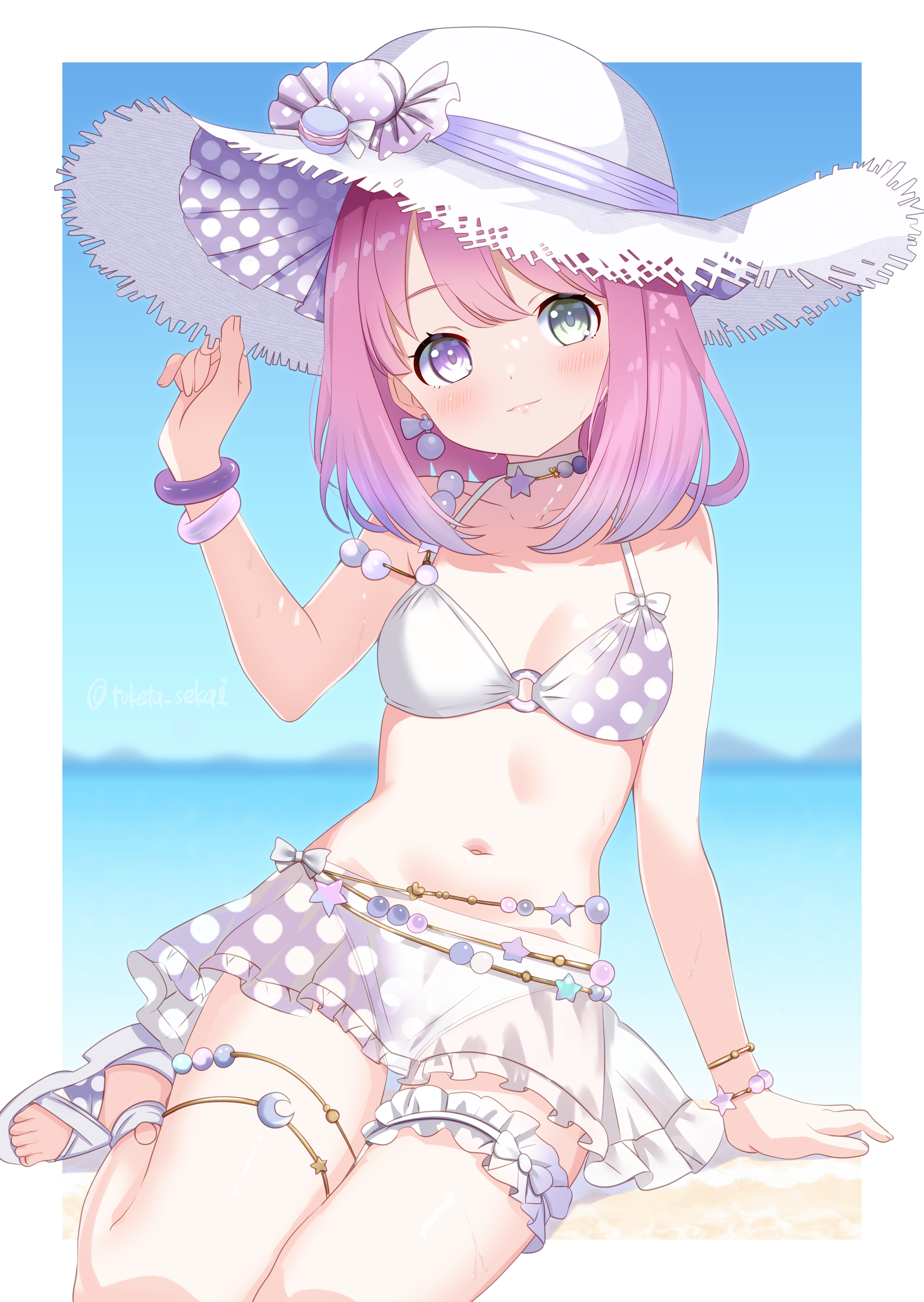 toketa-sekai, himemori luna, himemori luna (summer), hololive, absurdres, commentary request, highres, 1girl, adjusting clothes, adjusting headwear, beach, bikini, bikini skirt, blue sky, blurry, blurry background, bracelet, breasts, candy hat ornament, choker, cleavage, closed mouth, cloud, day, frilled bikini, frilled thigh strap, frills, gradient hair, green eyes, hat, heterochromia, jewelry, looking at viewer, medium breasts, multicolored hair, navel, o-ring, o-ring bikini, o-ring top, official alternate costume, official alternate hair length, official alternate hairstyle, outdoors, pink hair, polka dot, polka dot bikini, polka dot hat, purple eyes, purple hair, sandals, sitting, sky, solo, sun hat, swimsuit, thigh strap, thighlet, virtual youtuber, white bikini, white choker, white hat, white sandals, yokozuwari