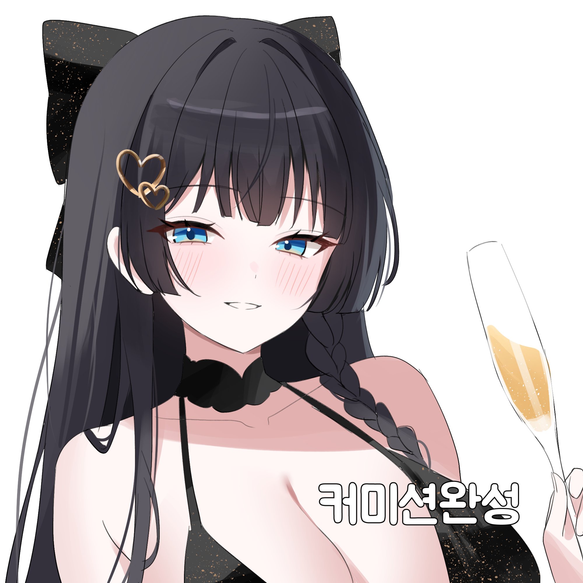 nannung, shirayuki hina, stellive, highres, 1girl, bare shoulders, bikini, black bikini, black choker, black hair, blue eyes, bow, breasts, champagne flute, choker, cleavage, collarbone, cup, drinking glass, grin, hair bow, hair ornament, hairclip, halterneck, heart, heart hair ornament, holding, holding cup, large breasts, long hair, looking at viewer, simple background, smile, solo, string bikini, swimsuit, upper body, virtual youtuber, white background