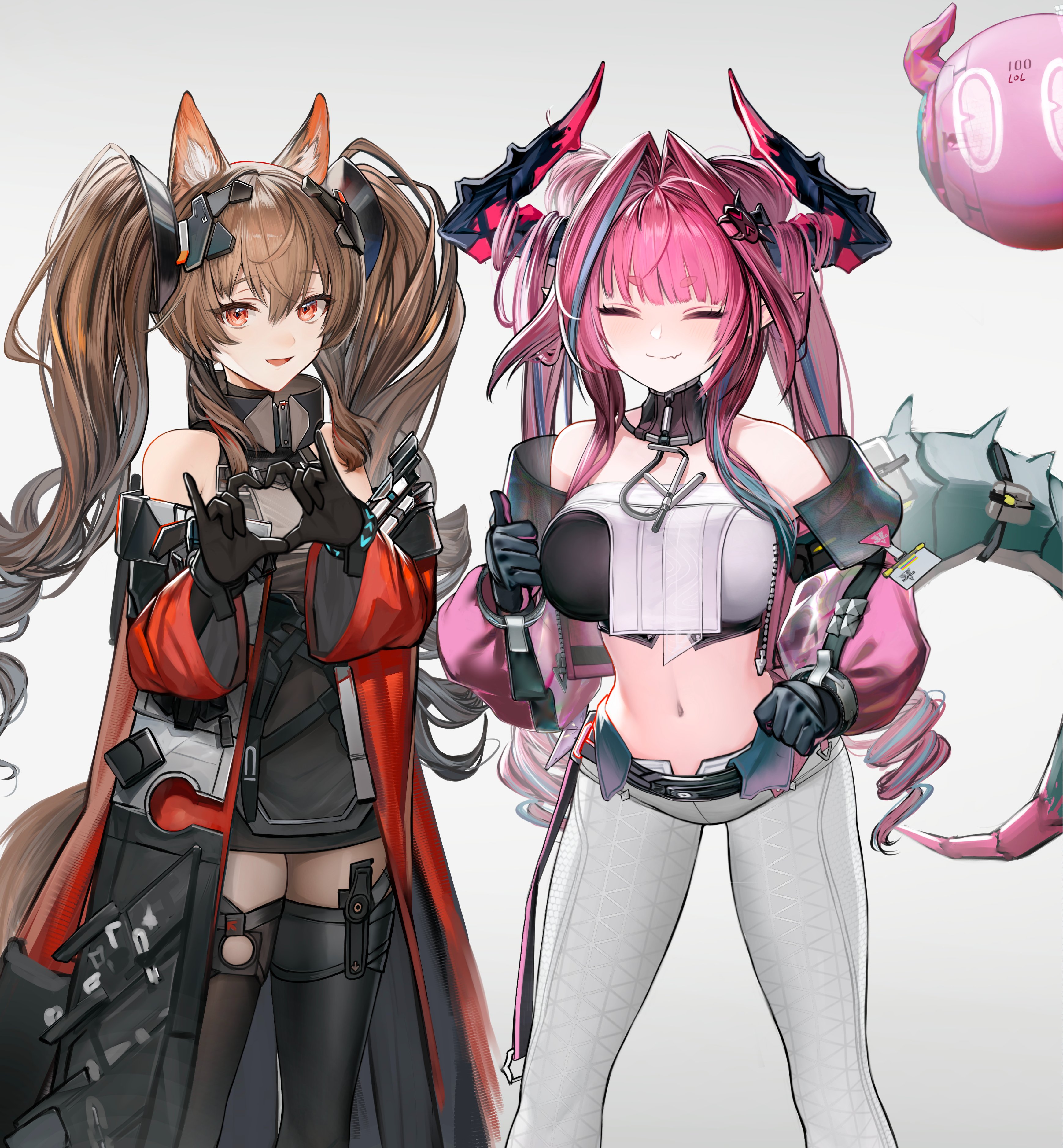 nopetroto, angelina (arknights), gilberta (arknights), infection monitor (arknights), yvonne (arknights), arknights, arknights: endfield, absurdres, highres, 2girls, :d, animal ear fluff, animal ears, bare shoulders, belt, black belt, black collar, black gloves, black thighhighs, blue hair, bracelet, brown hair, coat, collar, crop top, cropped jacket, dot nose, doyagao, dress, elbow gloves, fox ears, fox girl, gloves, grey dress, hair between eyes, hair intakes, hair on horn, hands on own hips, heart, heart hands, high collar, horns, jacket, jewelry, long hair, long sleeves, looking at viewer, midriff, multicolored hair, multicolored horns, multiple girls, navel, off shoulder, open clothes, open coat, open jacket, open mouth, pants, pink hair, pink horns, pink jacket, pointy ears, red coat, red eyes, short dress, simple background, smile, smug, thighhighs, twintails, two-tone hair, two-tone horns, unzipped, white background, white pants, wide sleeves, zettai ryouiki
