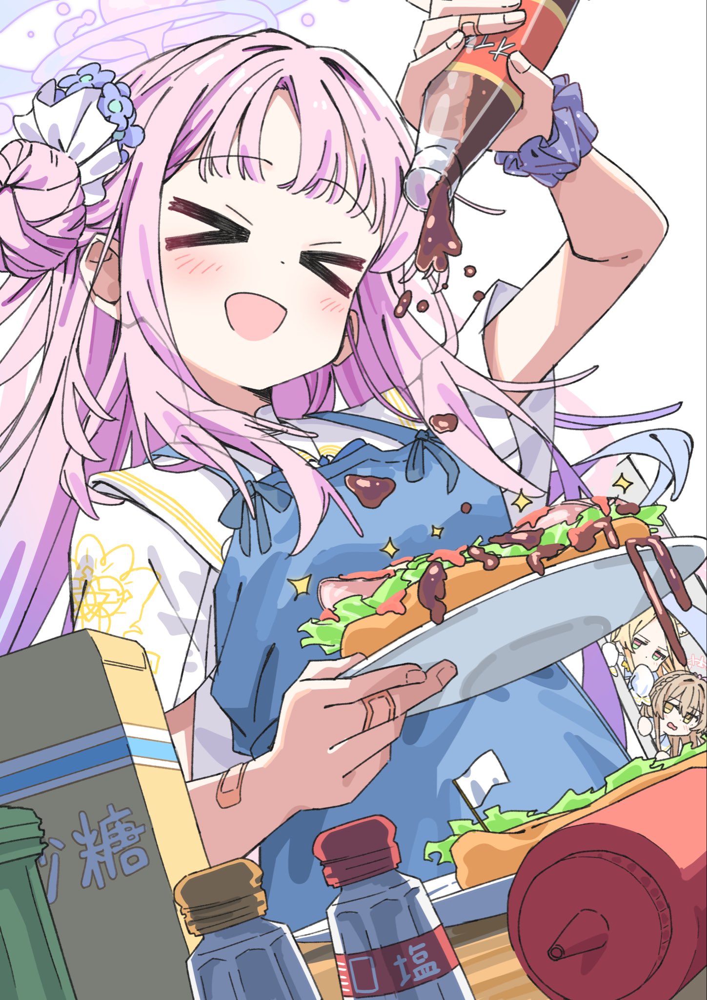 shinshin (ssnsn oekaki), mika (blue archive), seia (blue archive), blue archive, character request, commentary, highres, > <, 3girls, :d, apron, blue apron, blue scrunchie, blush, bottle, closed eyes, food, hair bun, halo, holding, holding bottle, holding plate, ketchup bottle, long hair, multiple girls, open mouth, pink hair, pink halo, plate, sandwich, sauce, scrunchie, shirt, short sleeves, smile, solo focus, upper body, white shirt, wrist scrunchie, xd