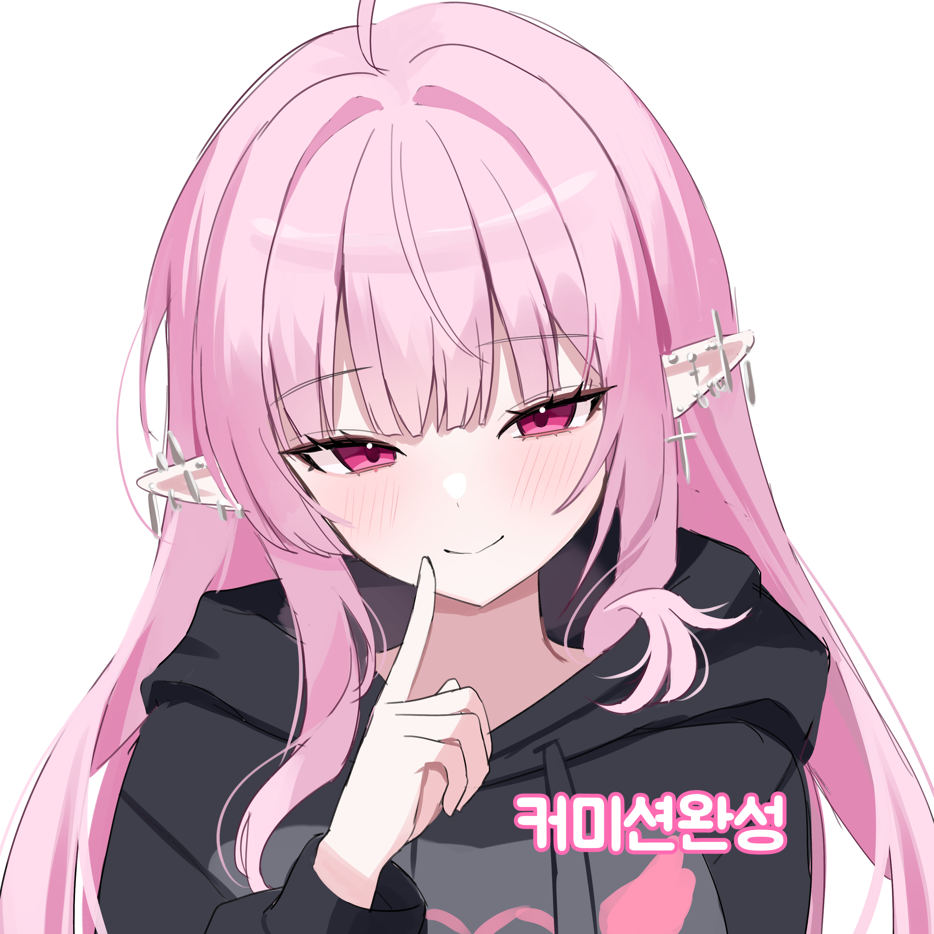 nannung, original, absurdres, highres, 1girl, ahoge, black hoodie, closed mouth, drawstring, ear piercing, earrings, hood, hood down, hoodie, index finger raised, jewelry, long hair, long sleeves, looking at viewer, piercing, pink hair, pointy ears, red eyes, sidelocks, simple background, smile, solo, upper body, white background