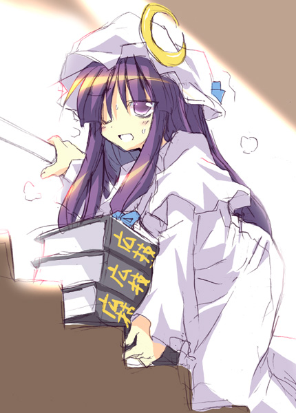 satou kibi, patchouli knowledge, touhou, 1girl, book, crescent hat ornament, female focus, hat, hat ornament, indoors, kneeling, long hair, purple eyes, purple hair, ribbon, solo, stairs, white background