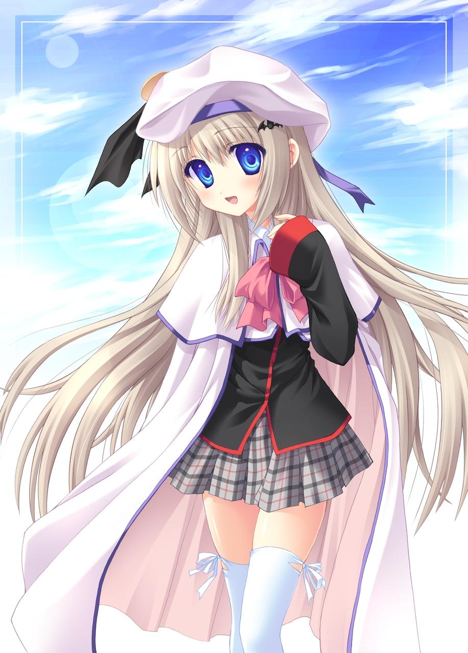noumi kudryavka, little busters!, silver hair, bad id, bad pixiv id, highres, 1girl, aqua eyes, blue eyes, bow, buttons, female focus, hat, long hair, pink bow, ribbon, solo, thighhighs, white hat, white thighhighs
