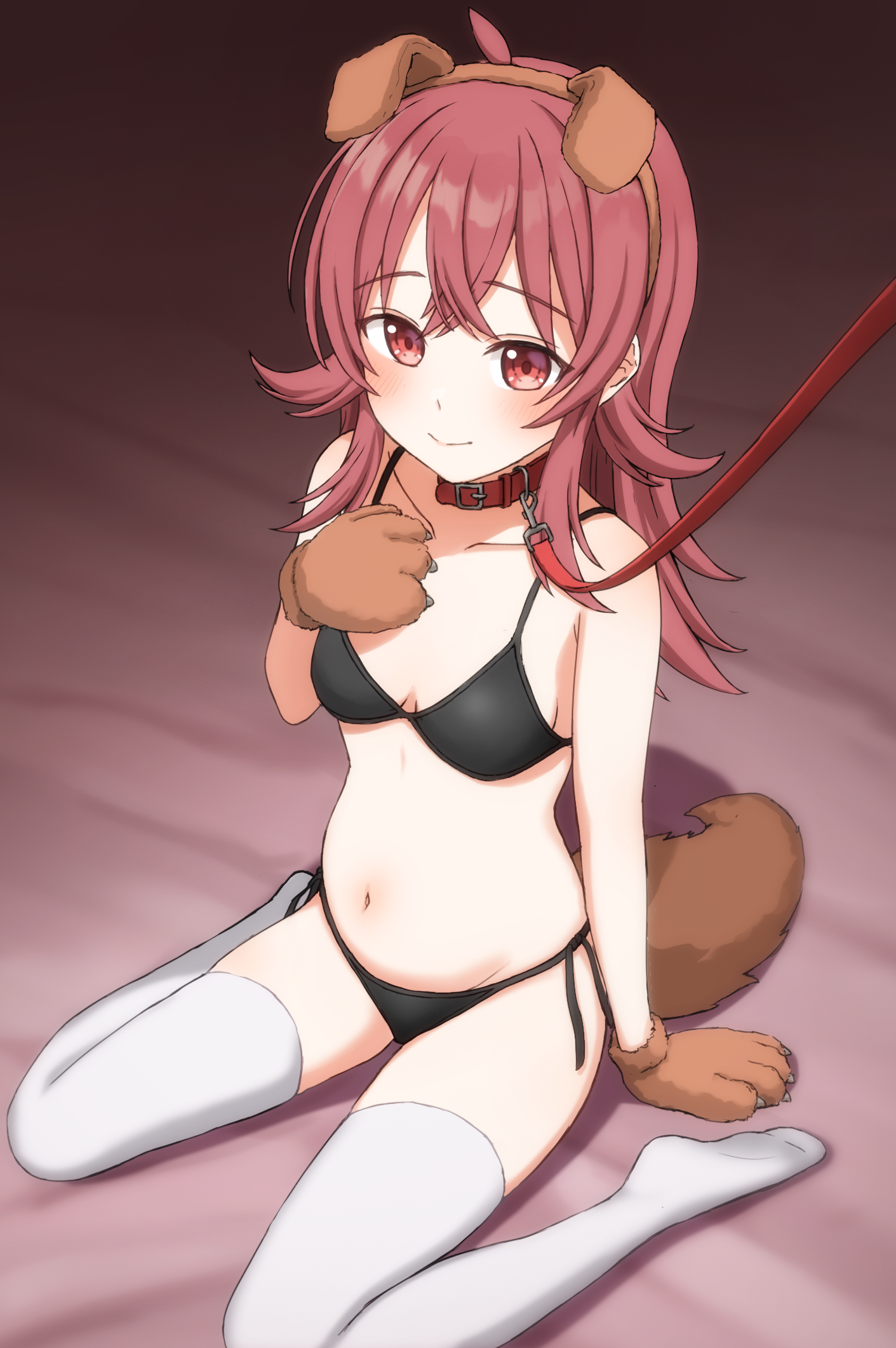 hangaku banana, komiya kaho, idolmaster, idolmaster shiny colors, 1girl, ahoge, animal collar, animal ears, arm at side, bed sheet, bikini, black bikini, blush, breasts, brown gloves, brown hairband, closed mouth, collar, collarbone, crossed bangs, dog ears, dog tail, fake animal ears, flipped hair, floppy ears, gloves, hairband, hand on own chest, hand up, leash, long hair, looking at viewer, navel, no shoes, paw gloves, red collar, red eyes, red hair, side-tie bikini bottom, sidelocks, sitting, small breasts, solo, string bikini, swimsuit, tail, thighhighs, viewer holding leash, wariza, white thighhighs