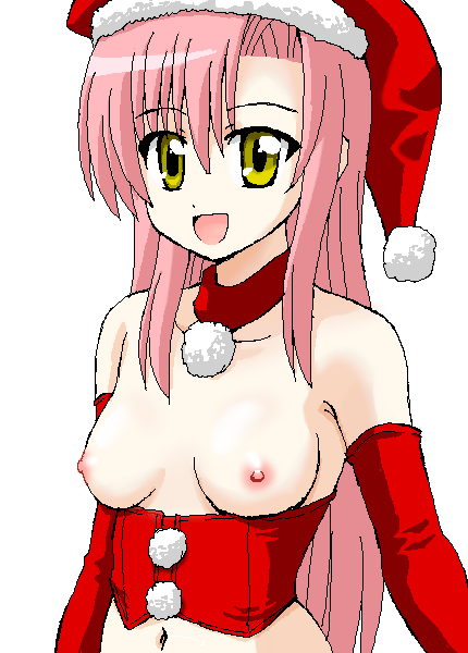ponzu rui, katsura hinagiku, hayate no gotoku!, bad id, bad pixiv id, 00s, 1girl, breasts, bustier, choker, christmas, elbow gloves, female focus, gloves, hat, lingerie, long hair, medium breasts, navel, nipples, oekaki, pink hair, red gloves, santa costume, santa hat, solo, underwear, yellow eyes