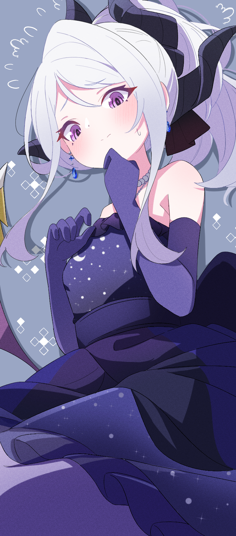 sasanoha (sasanoha0712), hina (blue archive), hina (dress) (blue archive), blue archive, highres, 1girl, blush, breasts, demon girl, demon horns, demon wings, dress, earrings, elbow gloves, gloves, horns, jewelry, long hair, looking at viewer, low wings, necklace, pendant, purple dress, purple eyes, purple gloves, small breasts, solo, white hair, wings