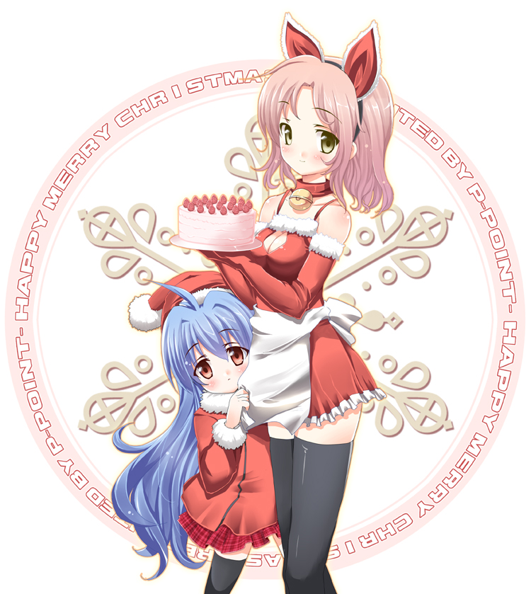 pikazo, original, 2girls, animal ears, bell, blue hair, clothes grab, elbow gloves, gloves, hat, long hair, looking at viewer, multiple girls, pink hair, red eyes, santa costume, santa hat, short hair, shy, thighhighs, zettai ryouiki