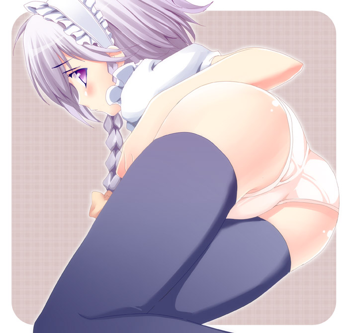 pikazo, izayoi sakuya, touhou, silver hair, 1girl, ass, braid, female focus, panties, purple eyes, short hair, solo, thighhighs, underwear