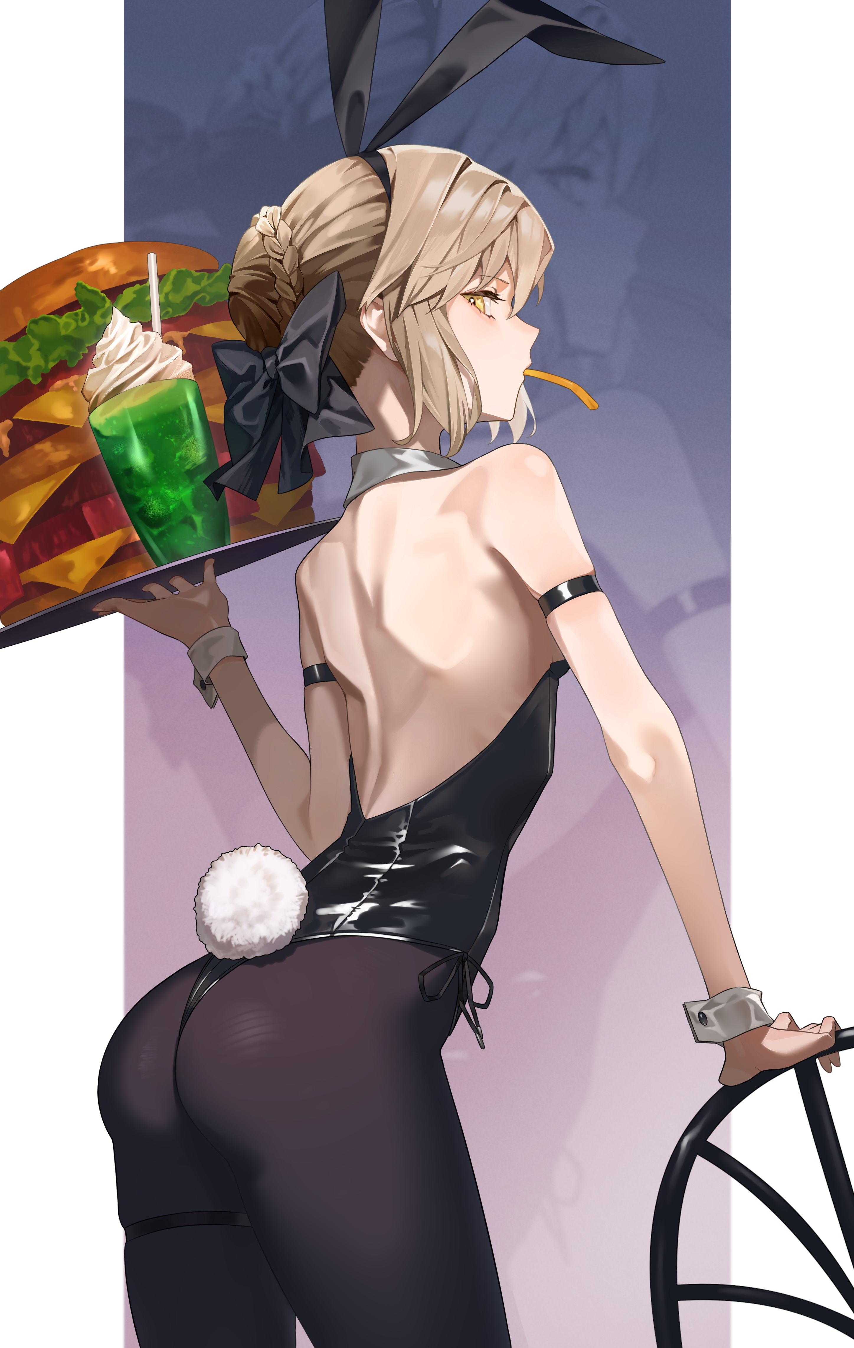maririri111, artoria pendragon (fate), saber alter, fate/stay night, fate (series), absurdres, highres, revision, 1girl, animal ears, ass, back, bare shoulders, black leotard, blonde hair, braid, breasts, brown pantyhose, burger, cup, detached collar, fake animal ears, fake tail, food, hair bun, hair ribbon, highleg, highleg leotard, leotard, long hair, looking at viewer, looking back, melon soda, mouth hold, oversized food, oversized object, pantyhose, playboy bunny, possessed, rabbit ears, rabbit tail, ribbon, sidelocks, small breasts, tail, tray, wrist cuffs, yellow eyes, zoom layer