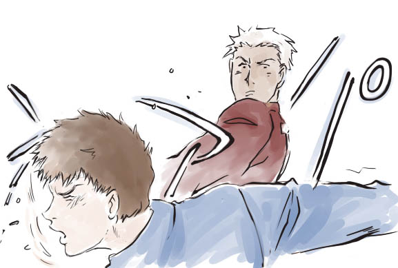 amuro ray, archer (fate), bright noa, emiya shirou, fate/stay night, fate (series), gundam, mobile suit gundam, bad id, bad pixiv id, 2boys, brown hair, dark-skinned male, dark skin, male focus, multiple boys, parody, slapping, style parody