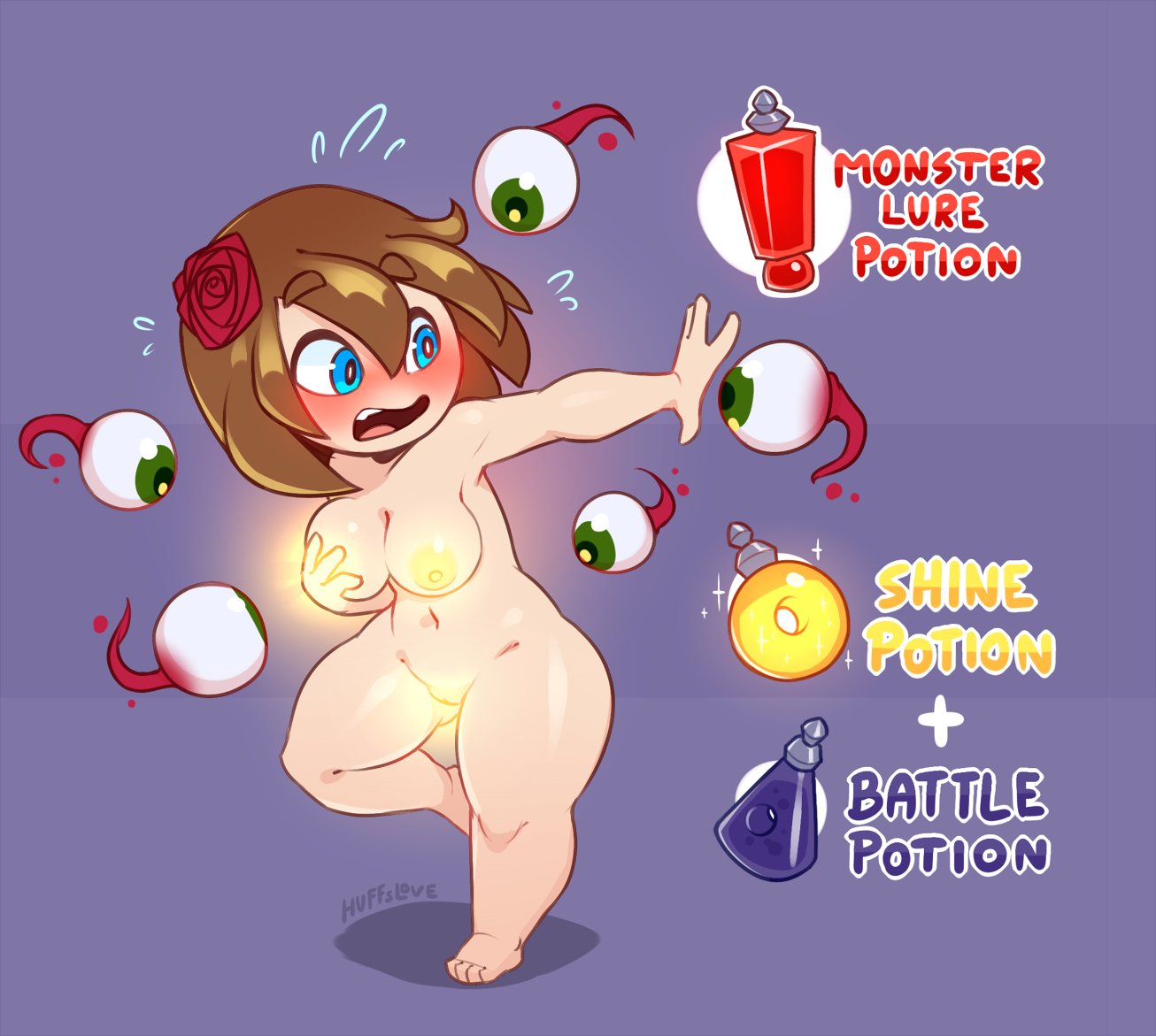 huffslove, terraria, 1girl, blue background, blue eyes, breasts, brown hair, completely nude, disembodied eye, english text, flower, glowing nipples, glowing pussy, hair flower, hair ornament, large breasts, nipples, nude, player character (terraria), potion, short hair, solo, thick thighs, thighs, wide hips