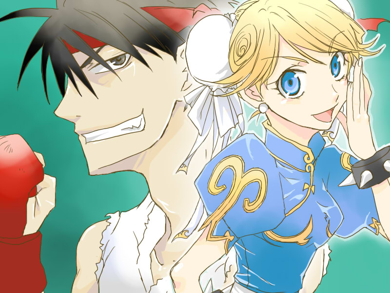 kittaka kaname, chun-li, cleo everlastin, orphen, ryu (street fighter), capcom, majutsushi orphen, street fighter, bad id, bad pixiv id, 1boy, 1girl, black hair, blonde hair, bracelet, bun cover, chun-li (cosplay), cosplay, double bun, headband, jewelry, ryu (street fighter) (cosplay), spiked bracelet, spikes