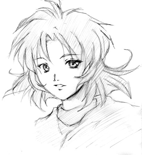 toshi (apocalypse), toshi (pixiv45230), azalie cait sith, majutsushi orphen, bad id, bad pixiv id, lowres, 1girl, female focus, greyscale, monochrome, short hair, sketch, solo