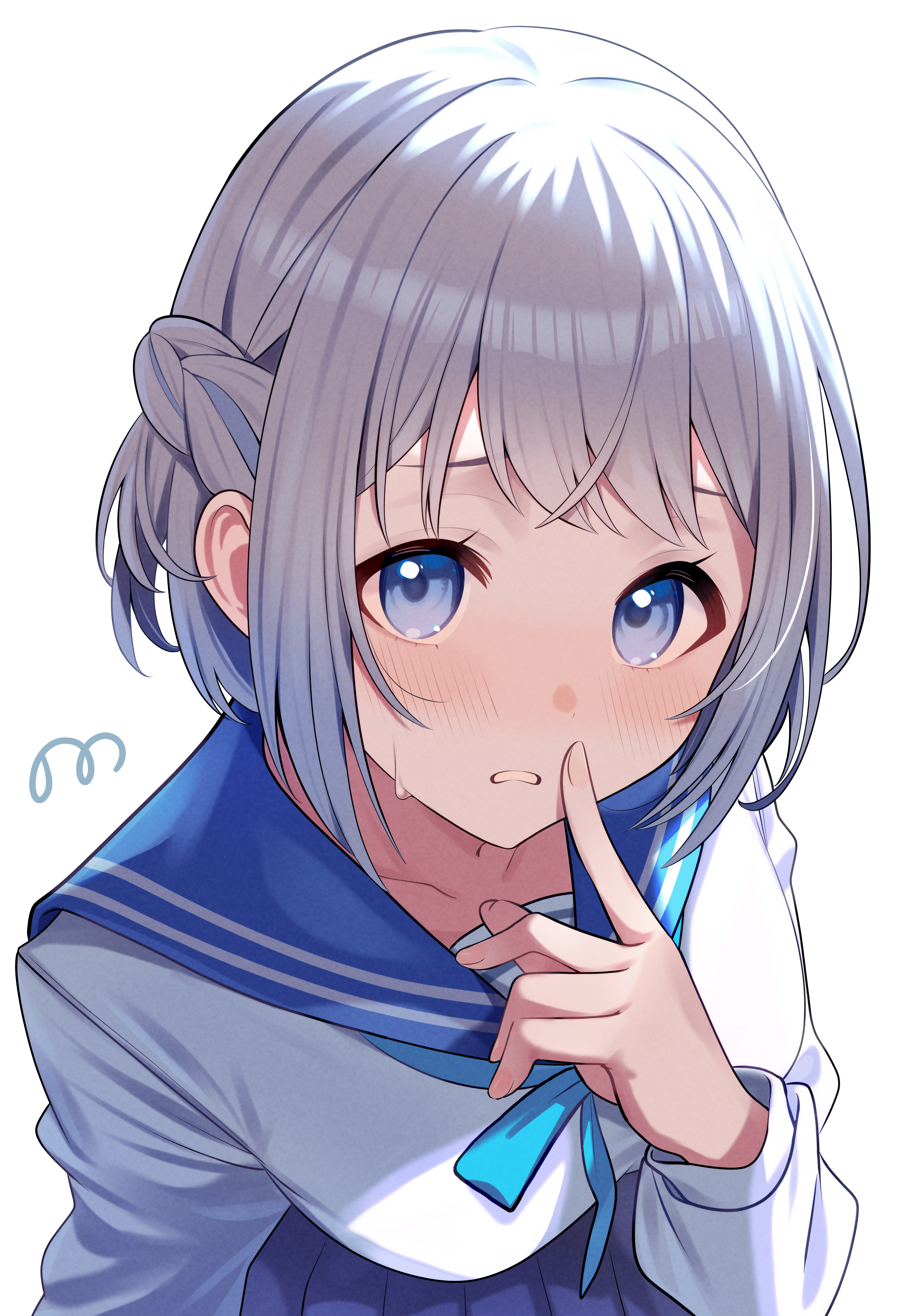 07nono06, katsuragi lilja, gakuen idolmaster, idolmaster, absurdres, commentary request, highres, 1girl, blue eyes, blue neckerchief, blue ribbon, blue sailor collar, blue skirt, blush, braid, collarbone, grey hair, hair ribbon, half up braid, index finger raised, long sleeves, looking at viewer, neckerchief, ribbon, ribbon braid, sailor collar, school uniform, serafuku, shirt, short hair, sidelocks, simple background, skirt, solo, sweatdrop, white background, white shirt
