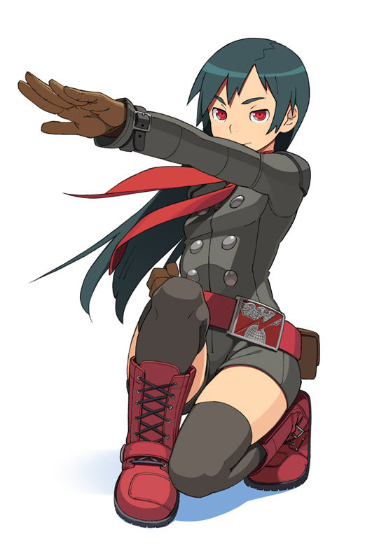 go robots, hongou takeshi, kamen rider, kamen rider (1st series), gender request, 1girl, ascot, belt, black thighhighs, boots, female focus, full body, genderswap, green hair, kneeling, long hair, on one knee, outstretched arm, outstretched hand, red eyes, salute, scarf, shocker, simple background, solo, squatting, thighhighs