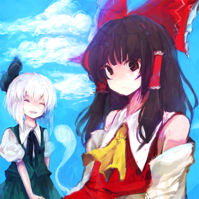 eiko (pixiv), eiko (tukino), hakurei reimu, konpaku youmu, konpaku youmu (ghost), touhou, bad id, bad pixiv id, 2girls, female focus, ghost, hitodama, japanese clothes, long hair, miko, multiple girls, short hair, white hair