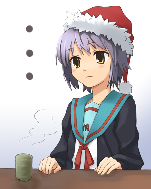 oryo (oryo04), nagato yuki, suzumiya haruhi no yuuutsu, bad id, bad pixiv id, …, 00s, 1girl, brown eyes, cardigan, christmas, cup, female focus, green tea, hat, purple hair, santa hat, school uniform, serafuku, short hair, solo, tea