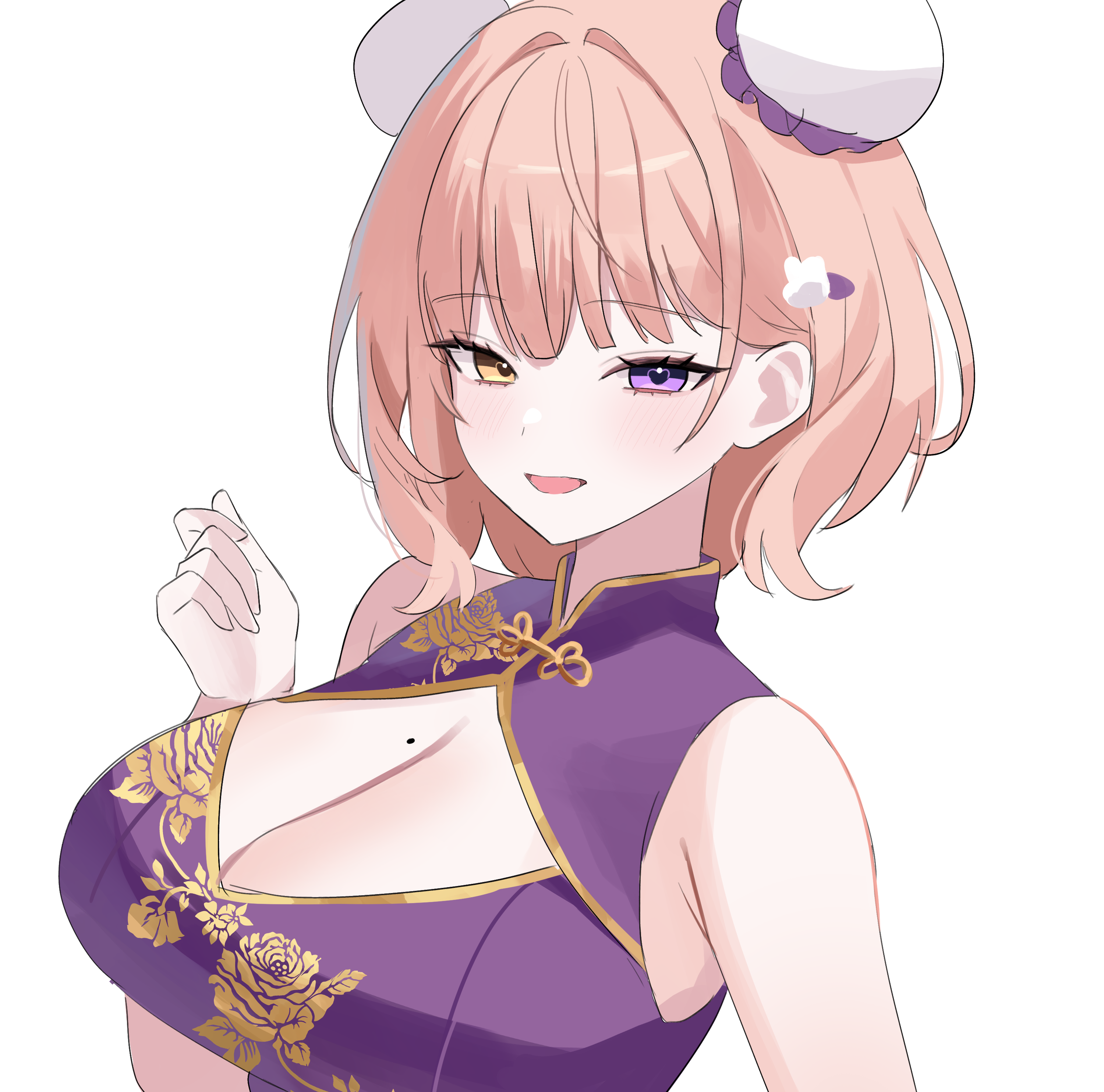 nannung, original, absurdres, commission, highres, 1girl, armpit crease, bare arms, bare shoulders, blonde hair, breasts, bun cover, china dress, chinese clothes, cleavage, cleavage cutout, clothing cutout, double bun, dress, floral print, gold trim, hair bun, hand up, heart, heart-shaped pupils, heterochromia, large breasts, looking at viewer, medium hair, mole, mole on breast, open mouth, purple dress, purple eyes, simple background, sleeveless, sleeveless dress, smile, solo, symbol-shaped pupils, white background, yellow eyes