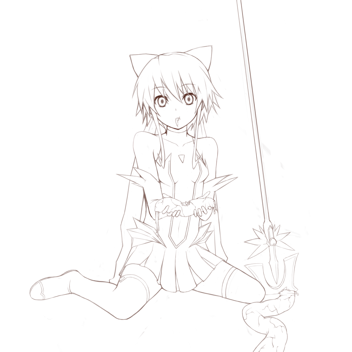 nnyu, kagano ai, mahou shoujo ai, bad id, bad pixiv id, highres, 00s, 1girl, boots, breasts, brown theme, eating, female focus, flat chest, full body, hair ribbon, kneeling, lineart, monochrome, mouth hold, ribbon, short hair, sitting, small breasts, solo, staff, tentacles, thigh boots, thighhighs, transparent background, turtleneck, zettai ryouiki