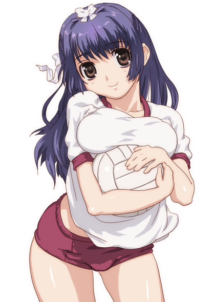 hirose (mokiki), original, character request, source request, 1girl, ball, breast rest, breasts, brown eyes, buruma, carried breast rest, carrying, cowboy shot, female focus, gym uniform, long hair, medium breasts, purple hair, simple background, smile, solo, volleyball, volleyball (object), white background