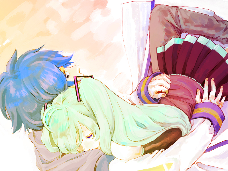 mwr, hatsune miku, kaito (vocaloid), vocaloid, bad id, bad pixiv id, aqua hair, hug, long hair, skirt