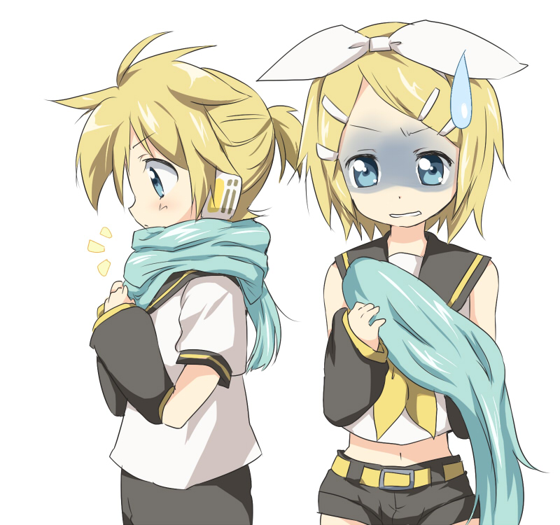 maruki (punchiki), kagamine len, kagamine rin, vocaloid, bad id, bad pixiv id, 1boy, 1girl, blonde hair, brother and sister, hair ornament, hairclip, ponytail, scarf, short hair, short ponytail, siblings, twins