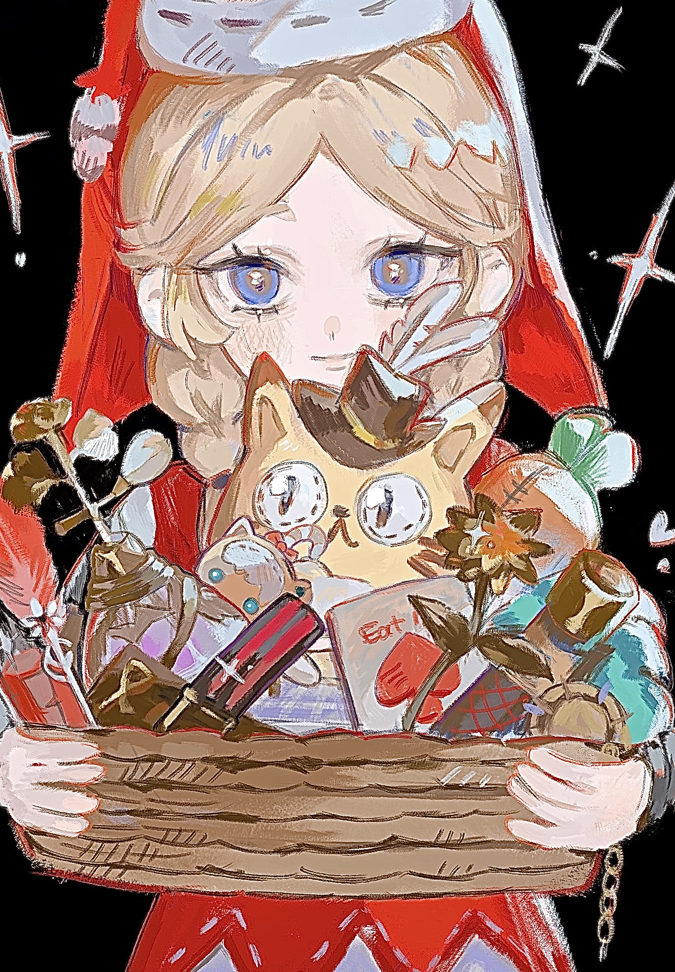 identity v, highres, 1girl, anne lester, basket, black background, blonde hair, blue eyes, bottle, braid, cat, flower, holding, holding basket, light blush, looking at viewer, ochagohan, perfume bottle, quill, red veil, smile, twin braids, veil