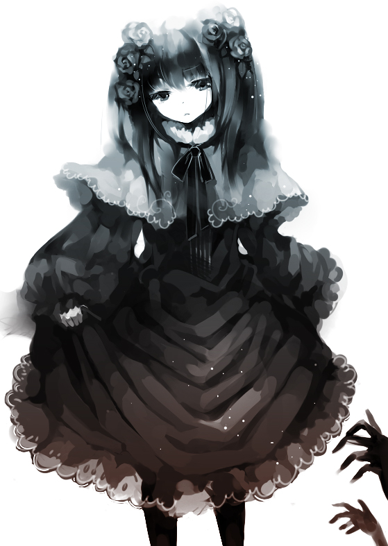 dhiea, bad id, bad pixiv id, tagme, dress, long hair, monochrome, sad, solo