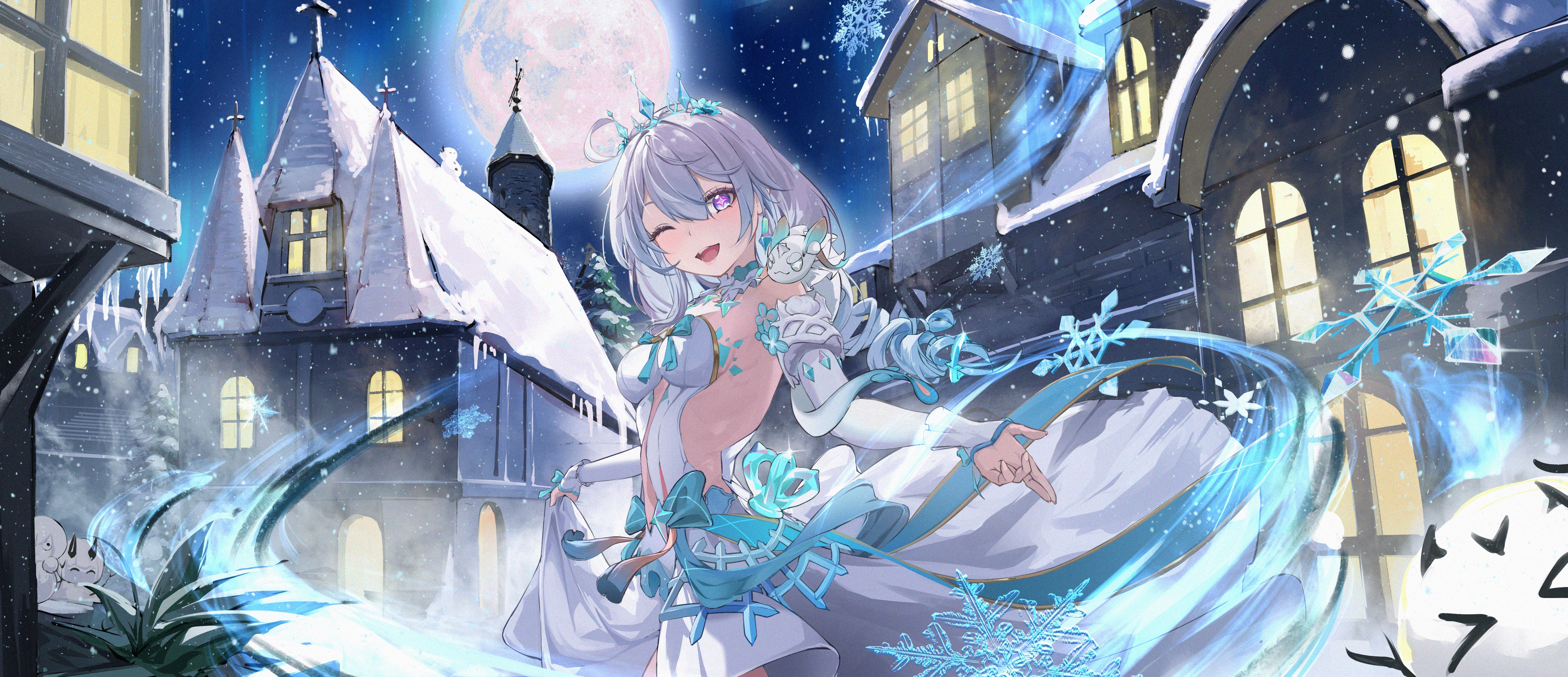 siyue, kiana kaslana, kiana kaslana (ba-dum! fiery wishing star), honkai (series), honkai impact 3rd, absurdres, chinese commentary, commentary request, highres, 1girl, ;o, blue eyes, breasts, detached sleeves, dress, full moon, long hair, looking at viewer, medium breasts, moon, night, night sky, one eye closed, outdoors, sideless dress, sky, snow, snowflakes, snowing, snowman, solo, star-shaped pupils, star (sky), star (symbol), starry sky, symbol-shaped pupils, white dress, white hair