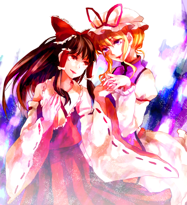 dada, dada (dolce), hakurei reimu, yakumo yukari, touhou, bad id, bad pixiv id, 2girls, blonde hair, brown hair, detached sleeves, female focus, hat, holding hands, japanese clothes, long hair, miko, multiple girls, ribbon, yuri