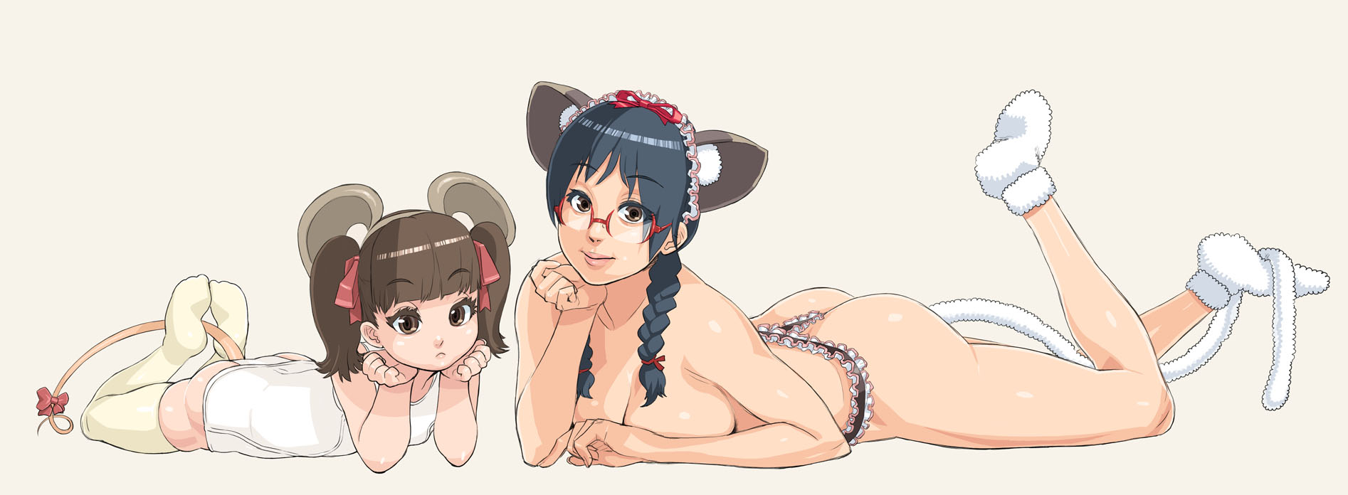mama (mama hiro), breeding cats diary, original, bad id, bad pixiv id, highres, jpeg artifacts, long image, wide image, 2girls, :<, animal ears, ass, blue hair, braid, brown hair, feet, frown, glasses, loli, long hair, lying, mouse ears, mouse tail, multiple girls, one-piece swimsuit, school swimsuit, swimsuit, tail, thighhighs, topless female, twin braids, white one-piece swimsuit, white school swimsuit