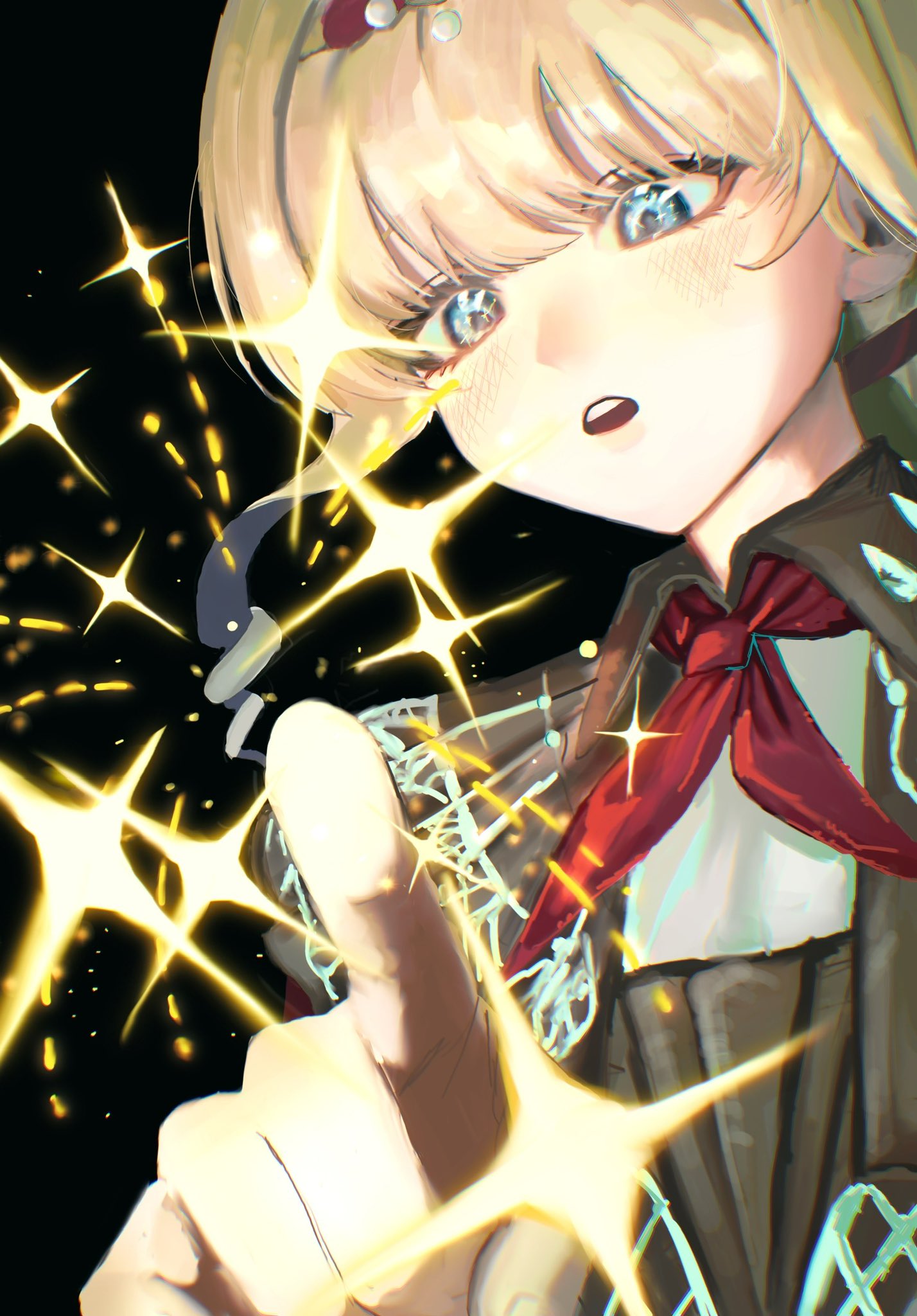 reverse:1999, highres, 1girl, black background, blonde hair, blue eyes, brown dress, dress, fireworks, index finger raised, kiperina, l7 (12s8v), looking at viewer, neckerchief, open mouth, pointing, pointing at viewer, red neckerchief, solo, sparkle, sparkling eyes, upper body