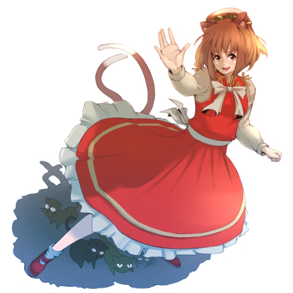 aguhari, chen, touhou, bad id, bad pixiv id, 1girl, animal ears, brown hair, cat, cat ears, cat tail, dress, earrings, female focus, hat, jewelry, multiple tails, short hair, solo, tail, waving