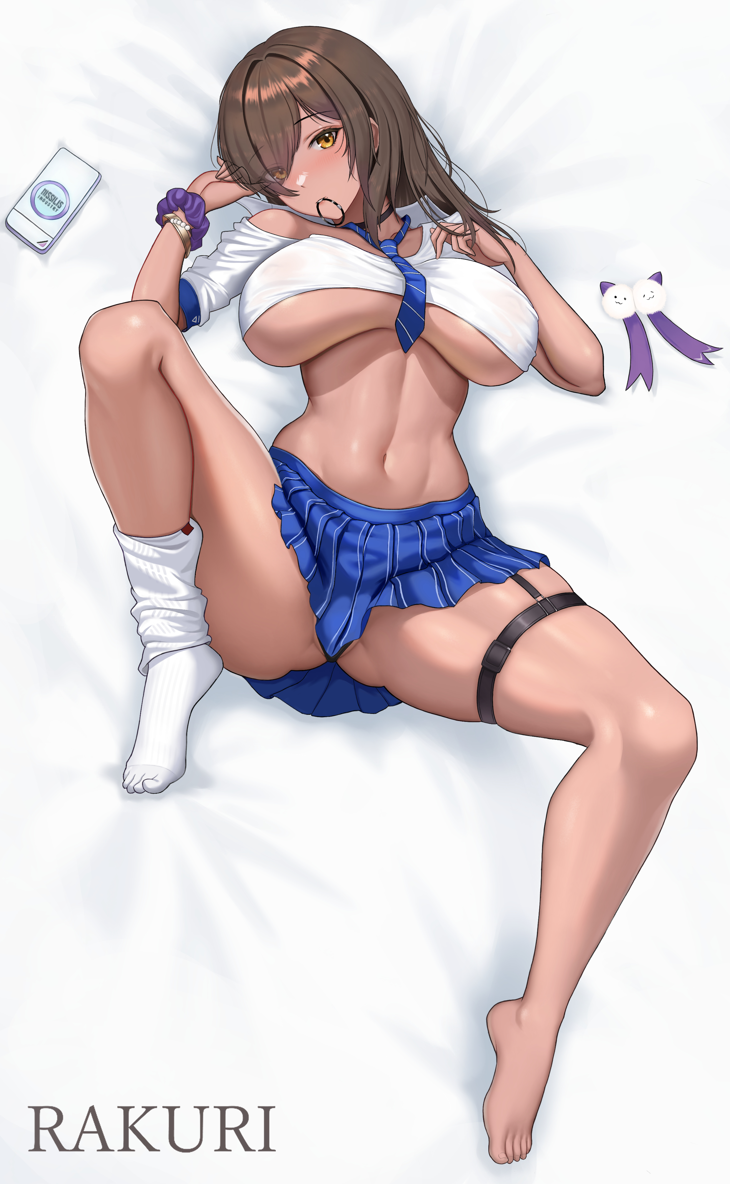 rakuri (rwrn5475), naga (nikke), goddess of victory: nikke, absurdres, highres, revision, 1girl, bed sheet, breasts, brown hair, crop top, dark skin, from above, large breasts, long hair, looking at viewer, lying, midriff, mouth hold, navel, necktie, off shoulder, on back, partially visible vulva, single bare shoulder, single sock, socks, solo, stomach, thigh strap, thighs, underboob, white socks, yellow eyes
