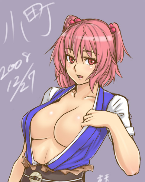 houtengeki, onozuka komachi, touhou, 1girl, breasts, cleavage, female focus, large breasts, open clothes, pink eyes, pink hair, red eyes, short hair, solo