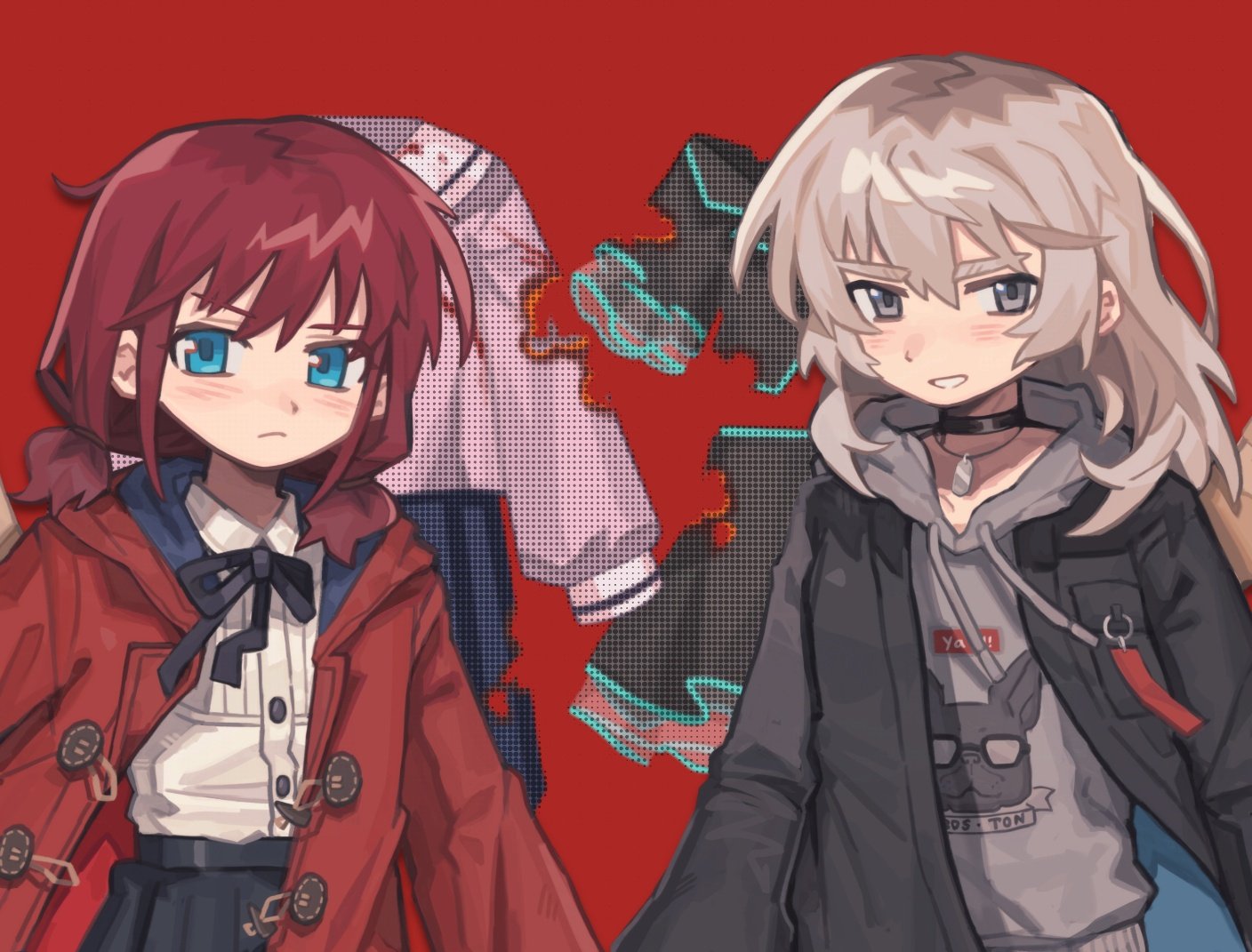 tutai, iseri nina, kawaragi momoka, girls band cry, 2girls, blue eyes, burnt clothes, choker, dog tags, grey eyes, grey hair, jacket, light blush, looking to the side, low twintails, multiple girls, parted lips, red background, red hair, school uniform, simple background, skirt, smile, track suit, twintails, upper body