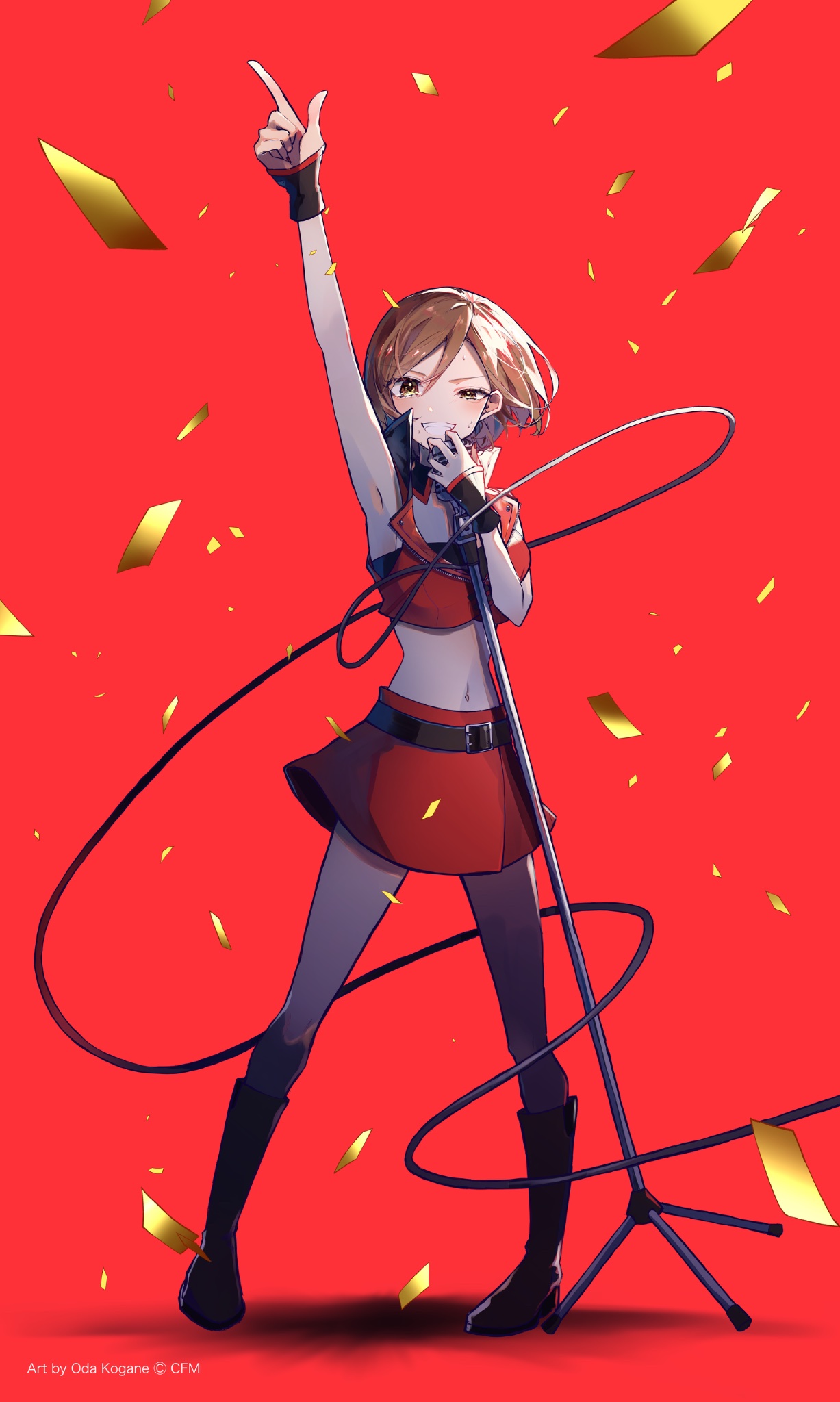 oda kogane, meiko (vocaloid), vocaloid, highres, 1girl, arm up, artist name, belt, black belt, black boots, boots, brown hair, crop top, cropped jacket, fingernails, grin, jacket, microphone stand, nail polish, navel, pointing, red background, red jacket, red nails, red skirt, short hair, skirt, smile, standing, uneven eyes, wrist guards, yellow eyes