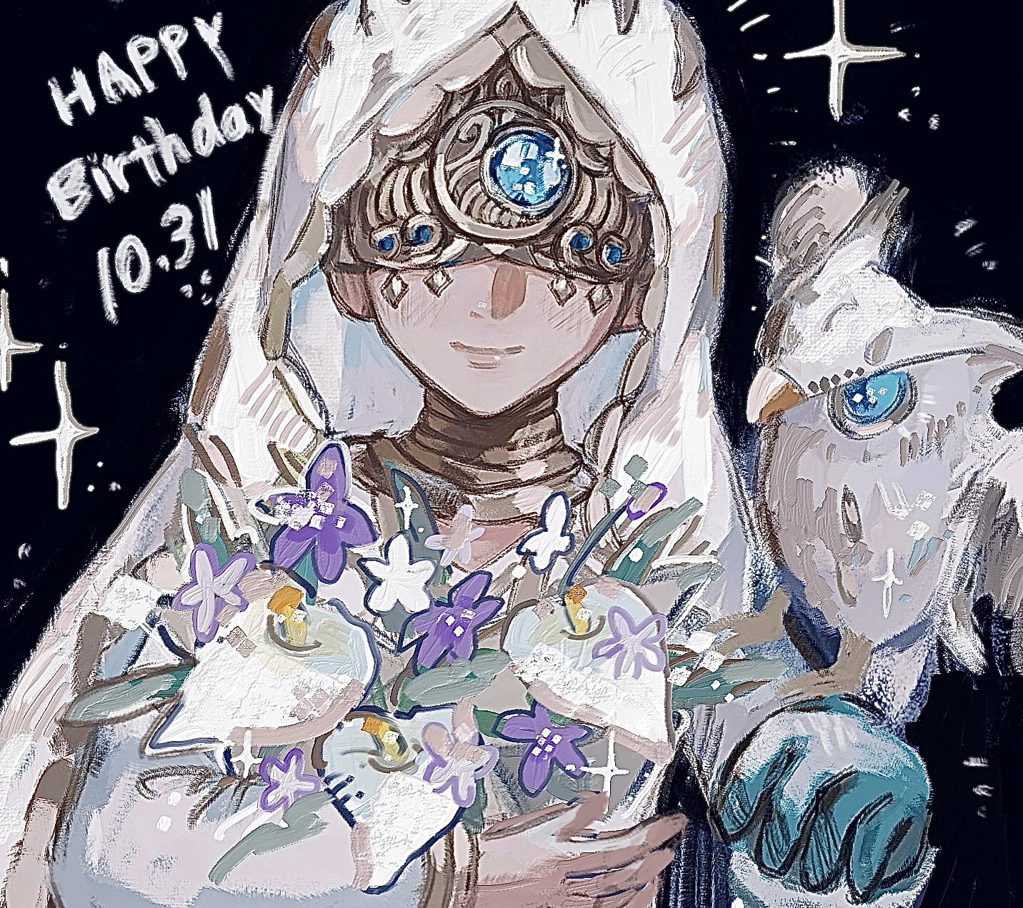 eli clark, eli clark (lunar phase), identity v, flower request, highres, 1boy, bird, blue gemstone, blue gloves, bouquet, dated, flower, gem, gloves, gold trim, happy birthday, holding, holding bouquet, holding flower, light blush, male focus, obscured eyes, ochagohan, owl, smile, veil, white veil