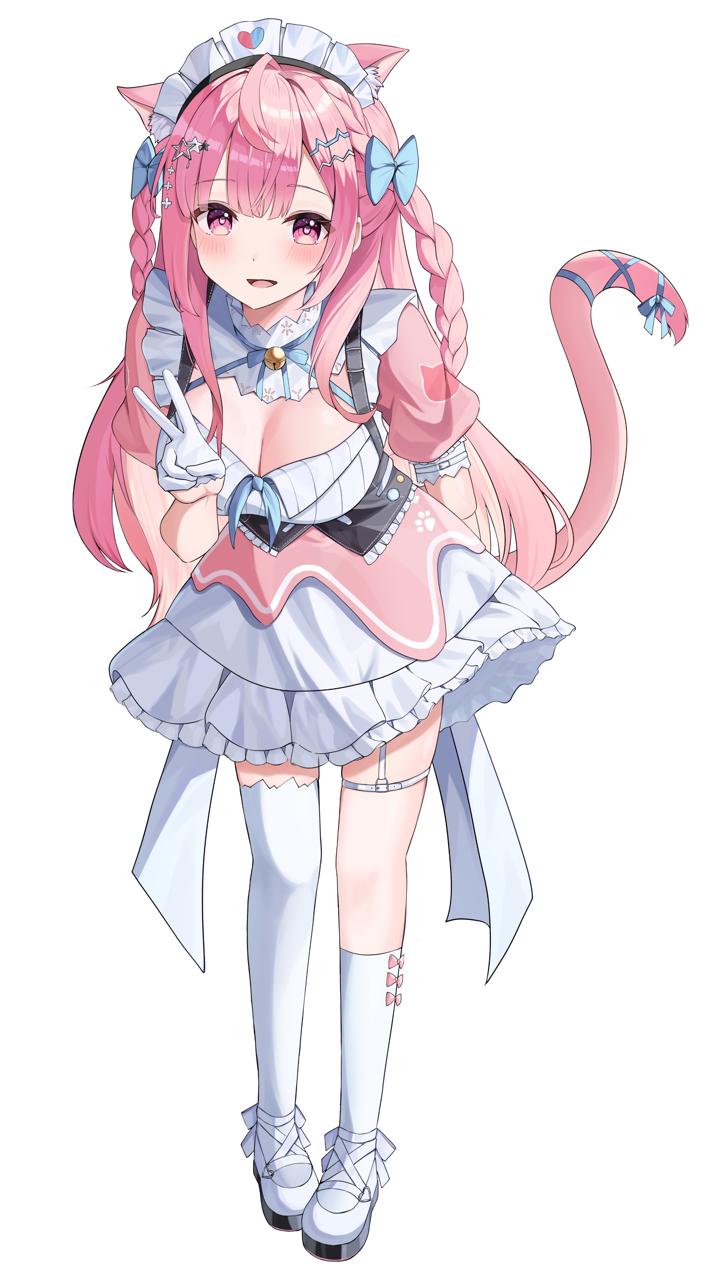 masamune-tan, yuuki sakuna, indie virtual youtuber, absurdres, highres, 1girl, ahoge, animal ears, bell, belt, blue bow, blue ribbon, blush, bow, bow legwear, breasts, cat ears, cat girl, cat hair ornament, cat tail, cleavage, dress, extra ears, full body, garter straps, gloves, hair bow, hair ornament, hairclip, jingle bell, large breasts, leaning forward, long hair, looking at viewer, maid, maid headdress, neck bell, neck ribbon, open mouth, paw print, pink bow, pink dress, pink eyes, pink hair, pink tail, ribbon, shoes, short sleeves, simple background, single garter strap, single sock, single thighhigh, smile, socks, solo, standing, star (symbol), star hair ornament, suspenders, tail, tail ornament, tail ribbon, thigh belt, thigh strap, thighhighs, thighs, two side up, underbust, v, virtual youtuber, white background, white belt, white dress, white gloves, white shoes, white socks, white thighhighs