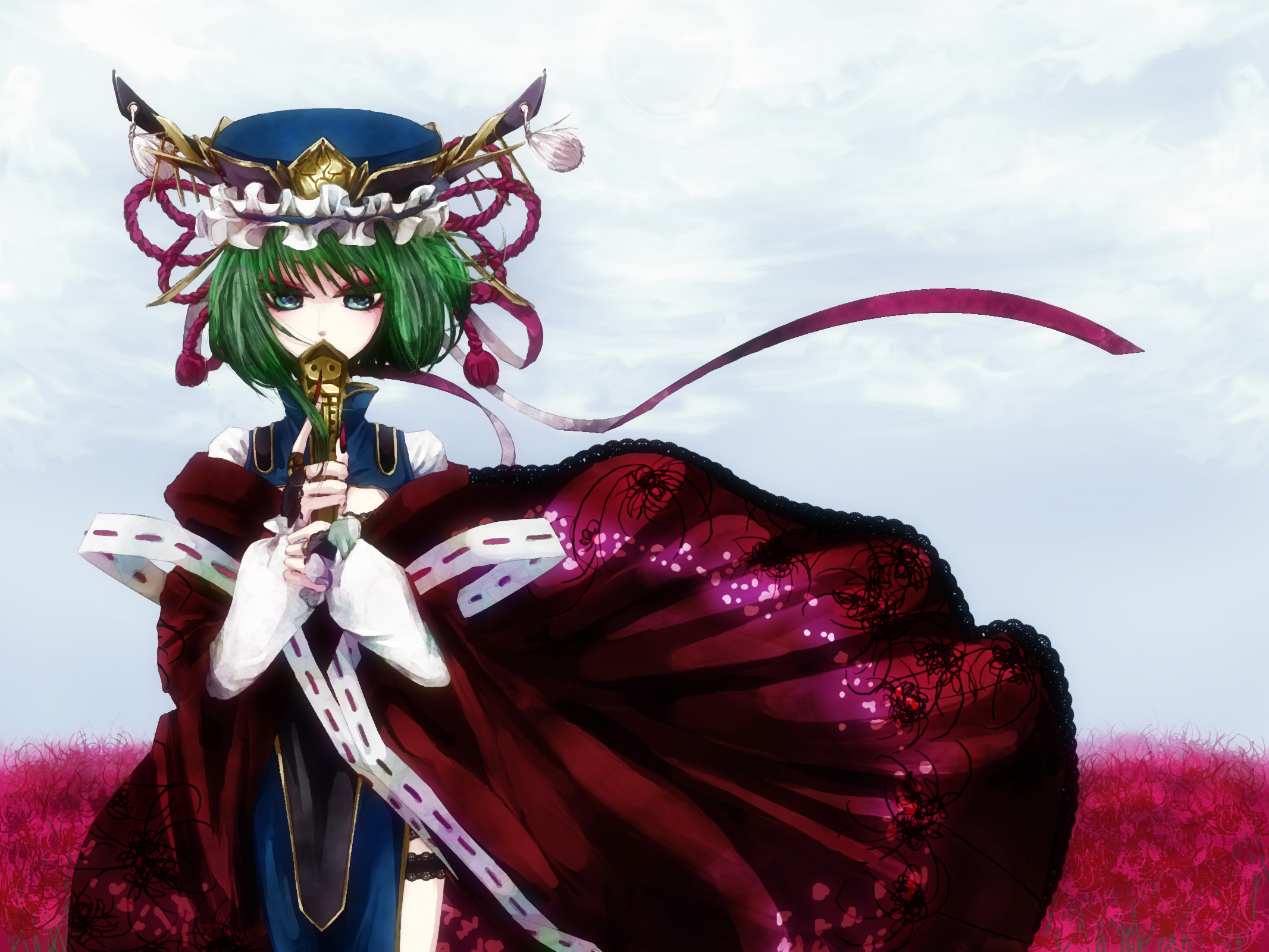 memai, shiki eiki, touhou, bad id, bad pixiv id, highres, 1girl, blue eyes, cloud, female focus, floral print, flower, formal clothes, frilled thigh strap, green hair, outdoors, plant, red flower, rod of remorse, sky, solo, spider lily, spider lily print, standing, thigh strap