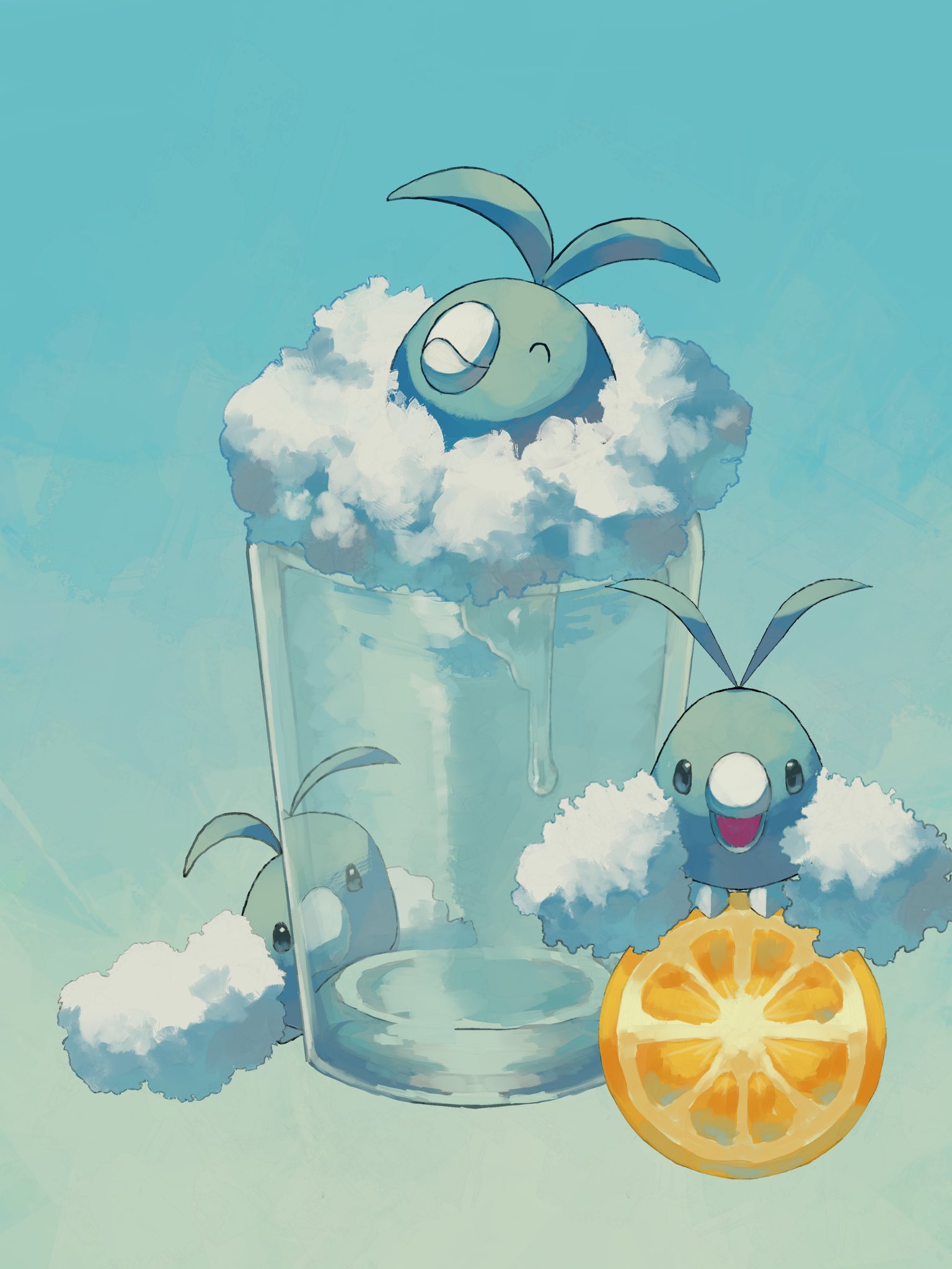p9kfxaofqi54546, swablu, nintendo, pokemon, highres, animal focus, beak, bird, closed eyes, closed mouth, cup, drinking glass, feathers, fluffy, food, fruit, gen 3 pokemon, lemon, lemon slice, looking at viewer, no humans, open mouth, pokemon (creature), pokemon focus, smile